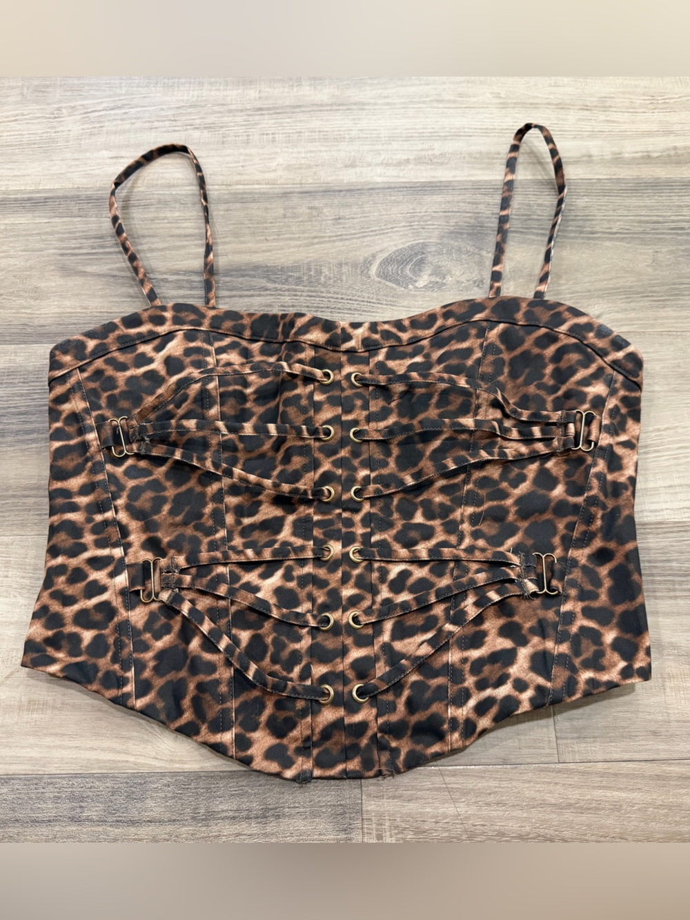 White Fox Leopard Print Corset Bustier Top XL Lace Up Strappy Y2K